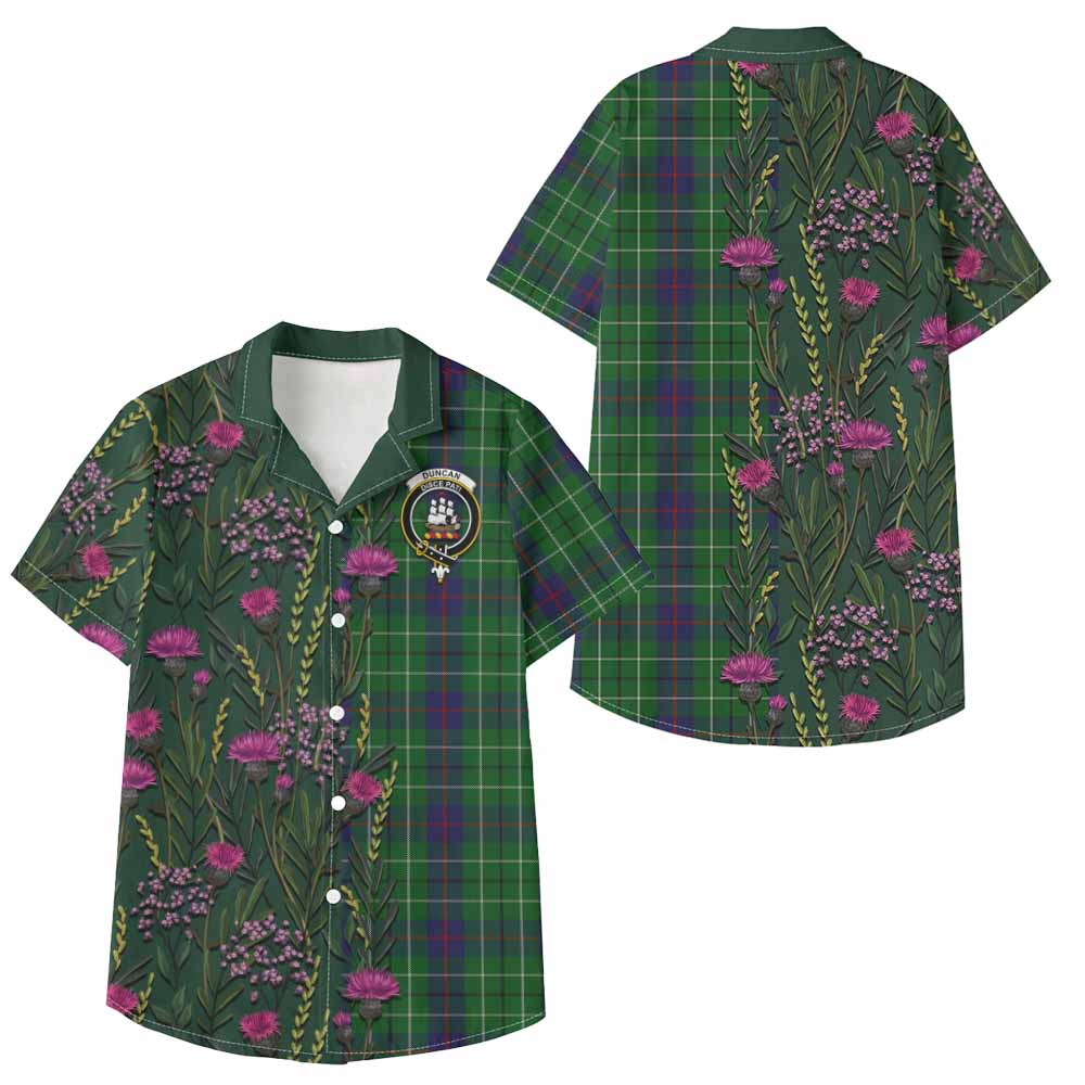 Duncan Family Crest Tartan Kid Hawaiian Shirt Scottish Thistle Flower Pattern Half Style - Tartan Vibes Clothing