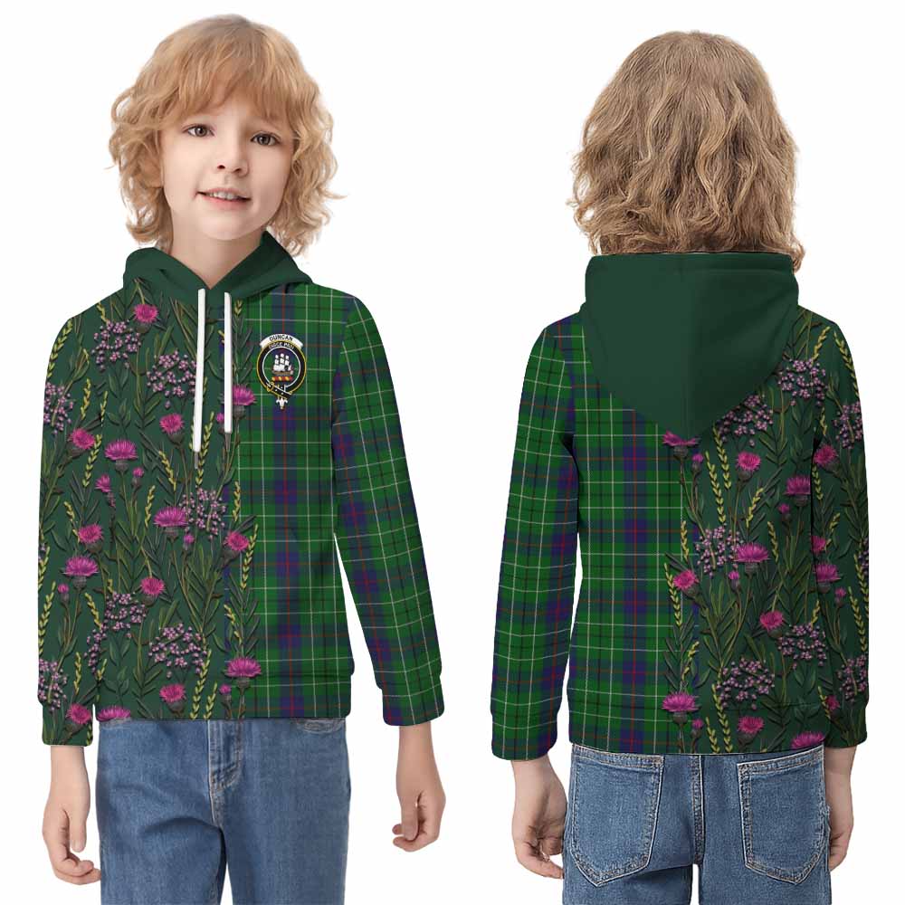 Duncan Family Crest Tartan Kid Hoodie Scottish Thistle Flower Pattern Half Style - Tartan Vibes Clothing