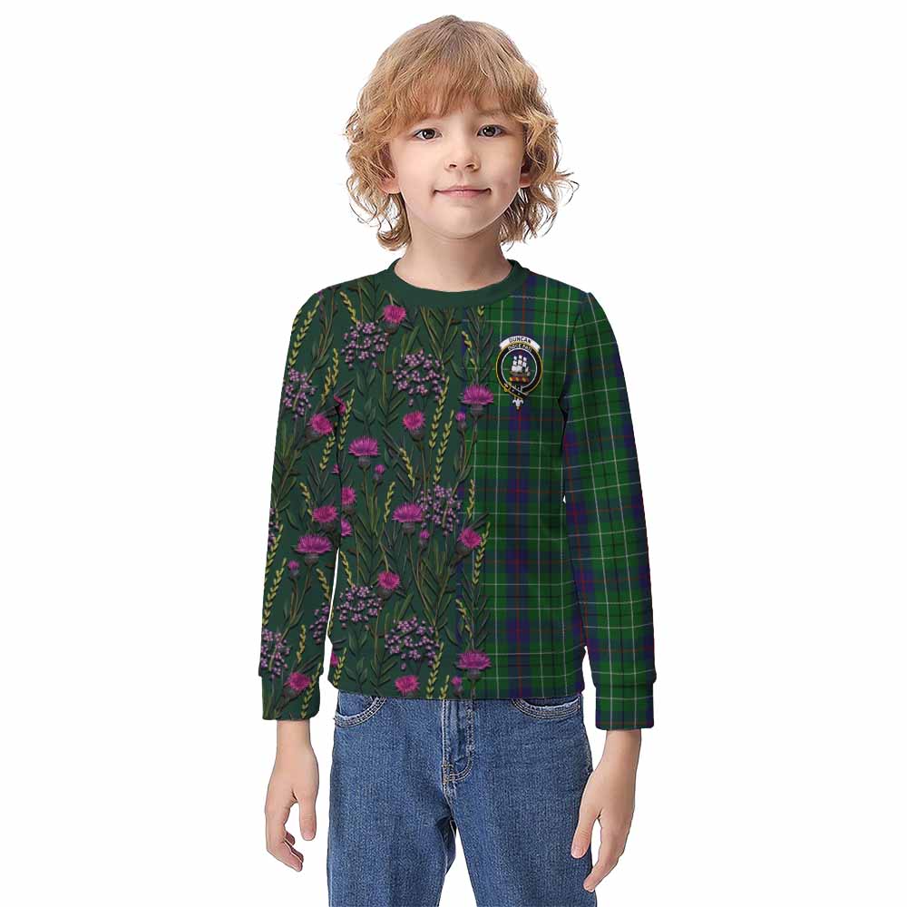 Duncan Family Crest Tartan Kid Knitted Sweatshirt Scottish Thistle Flower Pattern Half Style - Tartan Vibes Clothing
