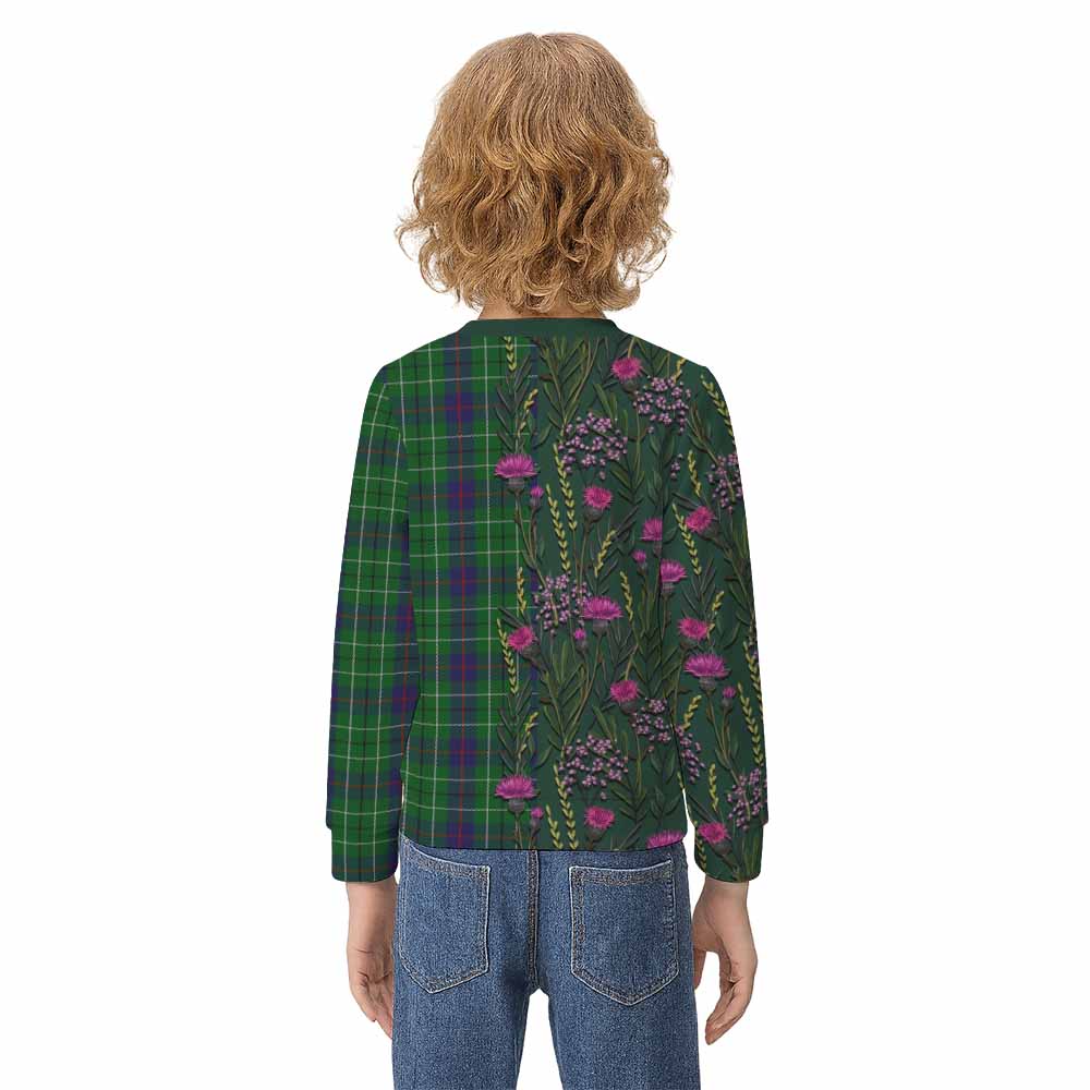 Duncan Family Crest Tartan Kid Knitted Sweatshirt Scottish Thistle Flower Pattern Half Style - Tartan Vibes Clothing