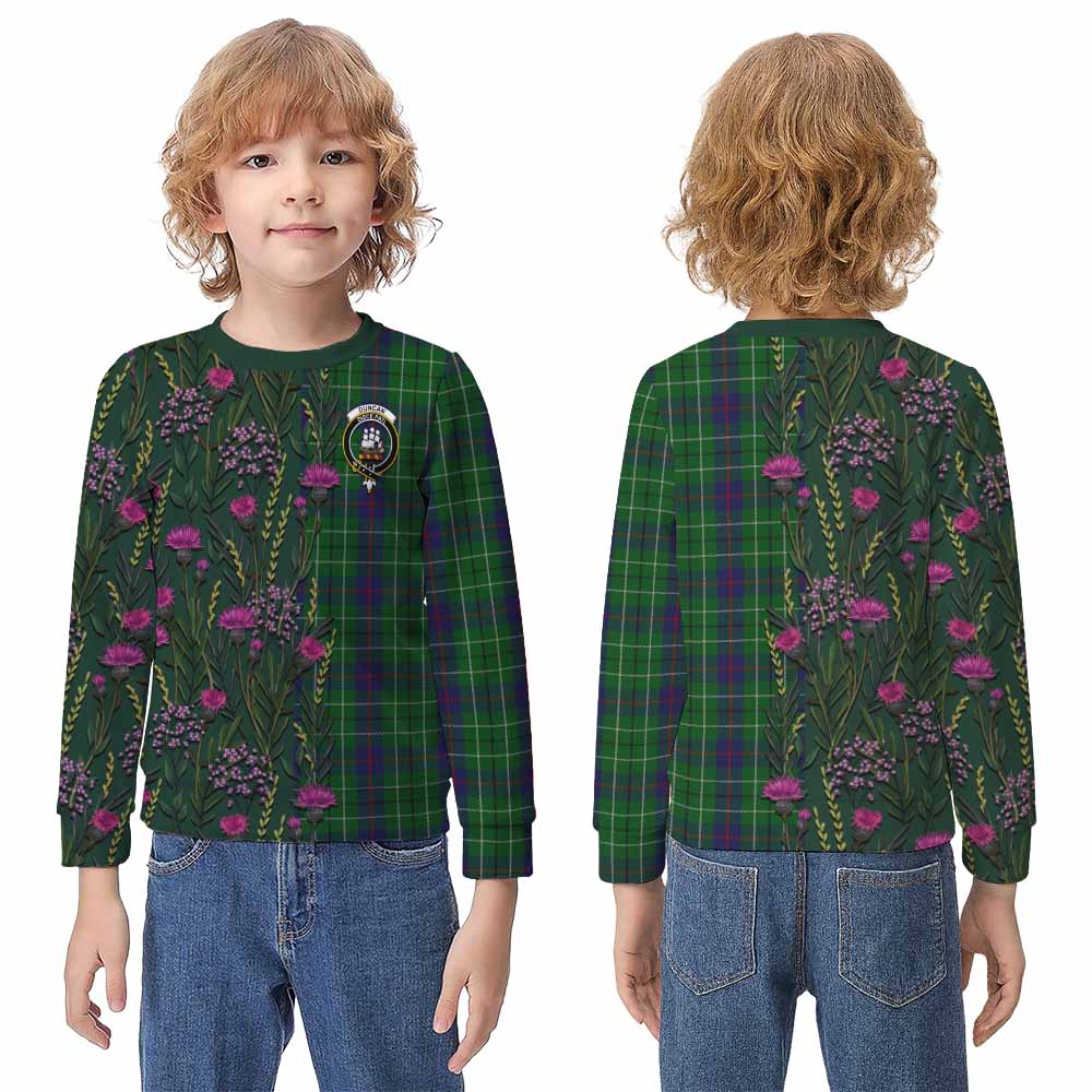 Duncan Family Crest Tartan Kid Knitted Sweatshirt Scottish Thistle Flower Pattern Half Style - Tartan Vibes Clothing