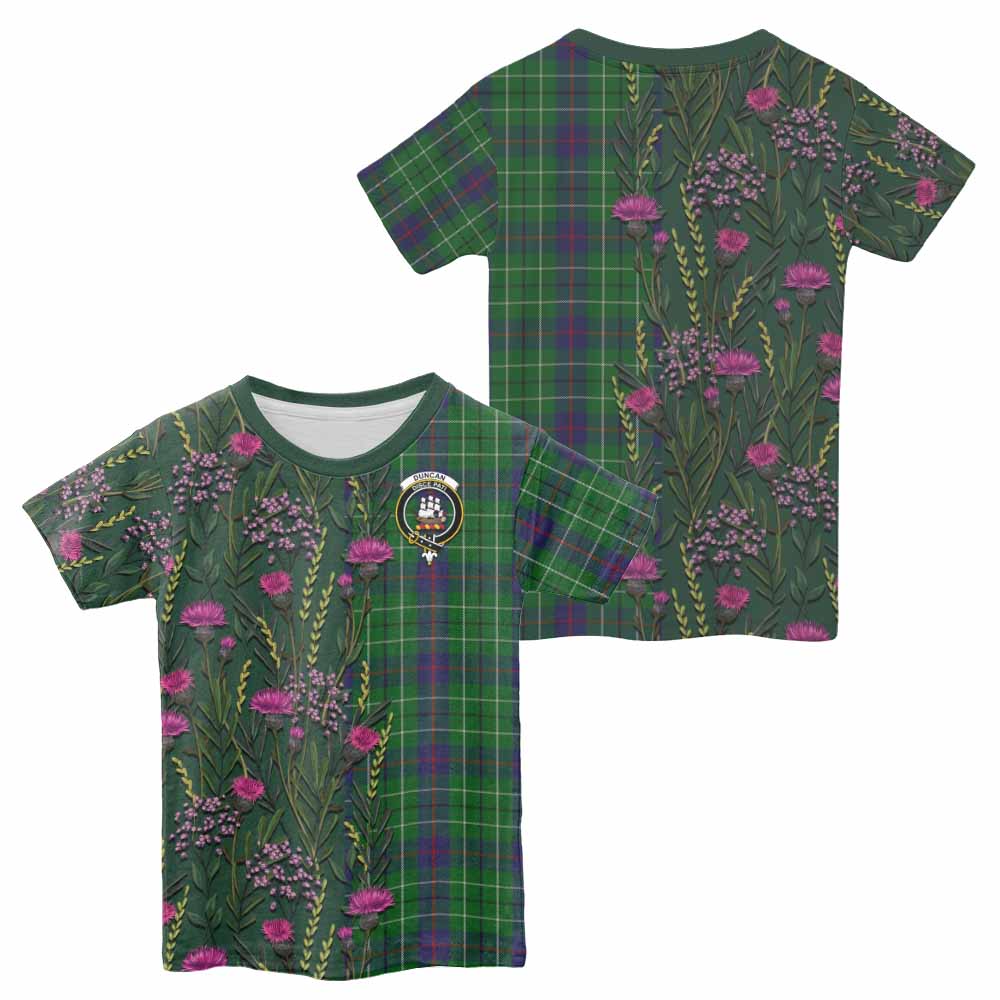 Duncan Family Crest Tartan Kid T-shirt Scottish Thistle Flower Pattern Half Style - Tartan Vibes Clothing