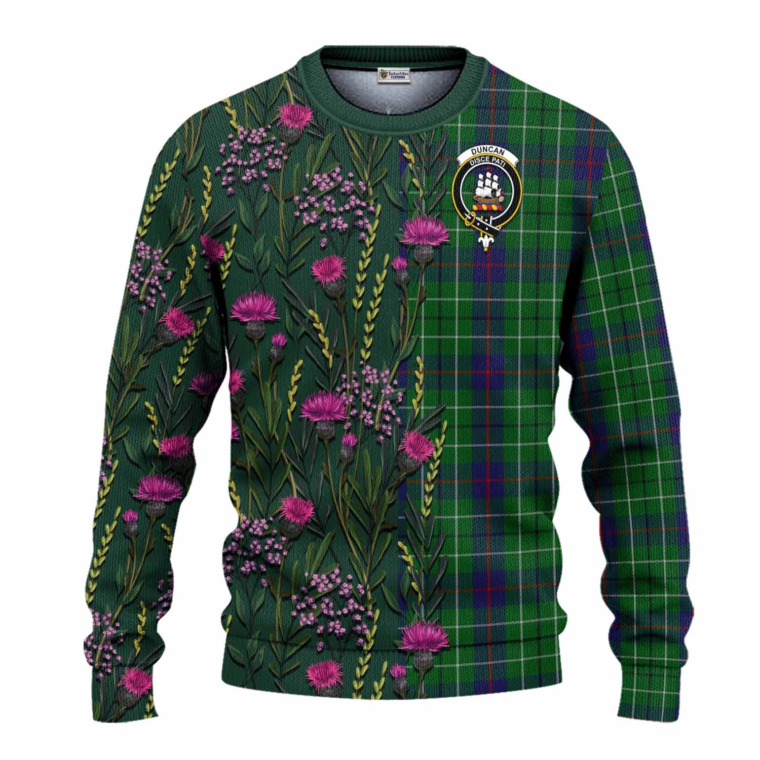 Duncan Family Crest Tartan Knitted Sweater Scottish Thistle Flower Pattern Half Style - Tartan Vibes Clothing