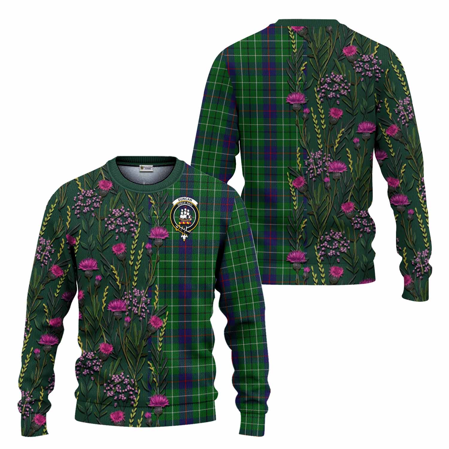 Duncan Family Crest Tartan Knitted Sweater Scottish Thistle Flower Pattern Half Style - Tartan Vibes Clothing