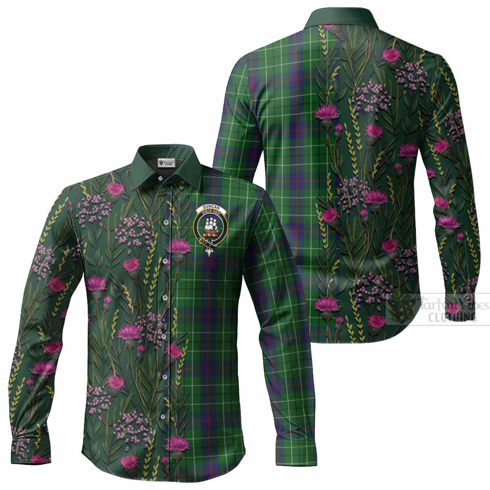 Duncan Family Crest Tartan Long Sleeve Button Shirts Scottish Thistle Flower Pattern Half Style - Tartan Vibes Clothing