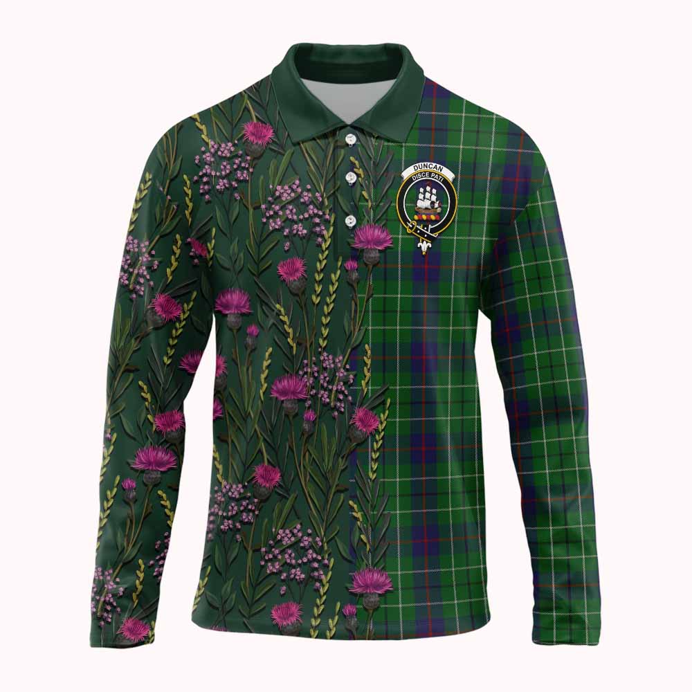 Duncan Family Crest Tartan Long Sleeve Polo Shirt Scottish Thistle Flower Pattern Half Style - Tartan Vibes Clothing