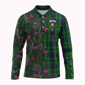 Duncan Family Crest Tartan Long Sleeve Polo Shirt Scottish Thistle Flower Pattern Half Style