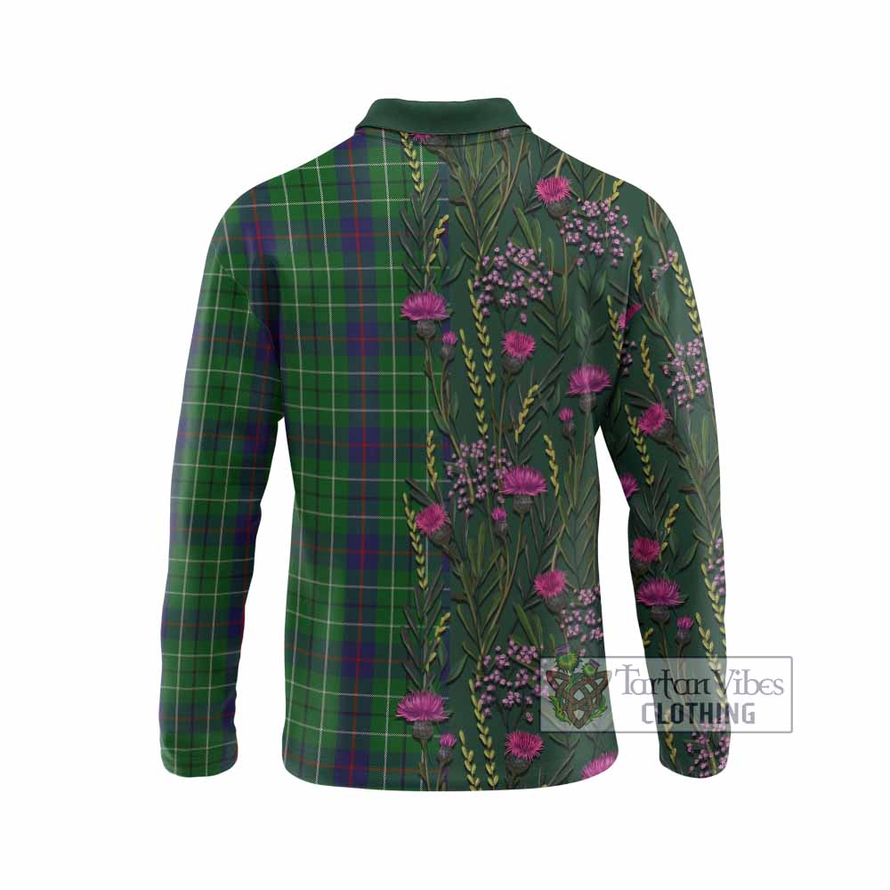 Duncan Family Crest Tartan Long Sleeve Polo Shirt Scottish Thistle Flower Pattern Half Style - Tartan Vibes Clothing