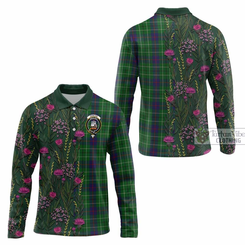 Duncan Family Crest Tartan Long Sleeve Polo Shirt Scottish Thistle Flower Pattern Half Style - Tartan Vibes Clothing