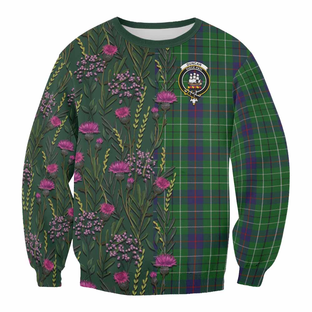 Duncan Family Crest Tartan Sweatshirt Scottish Thistle Flower Pattern Half Style - Tartan Vibes Clothing
