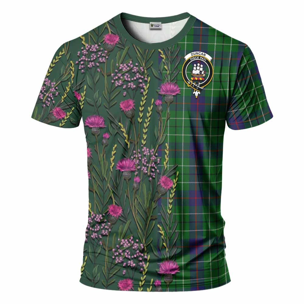 Duncan Family Crest Tartan T-Shirt Scottish Thistle Flower Pattern Half Style - Tartan Vibes Clothing