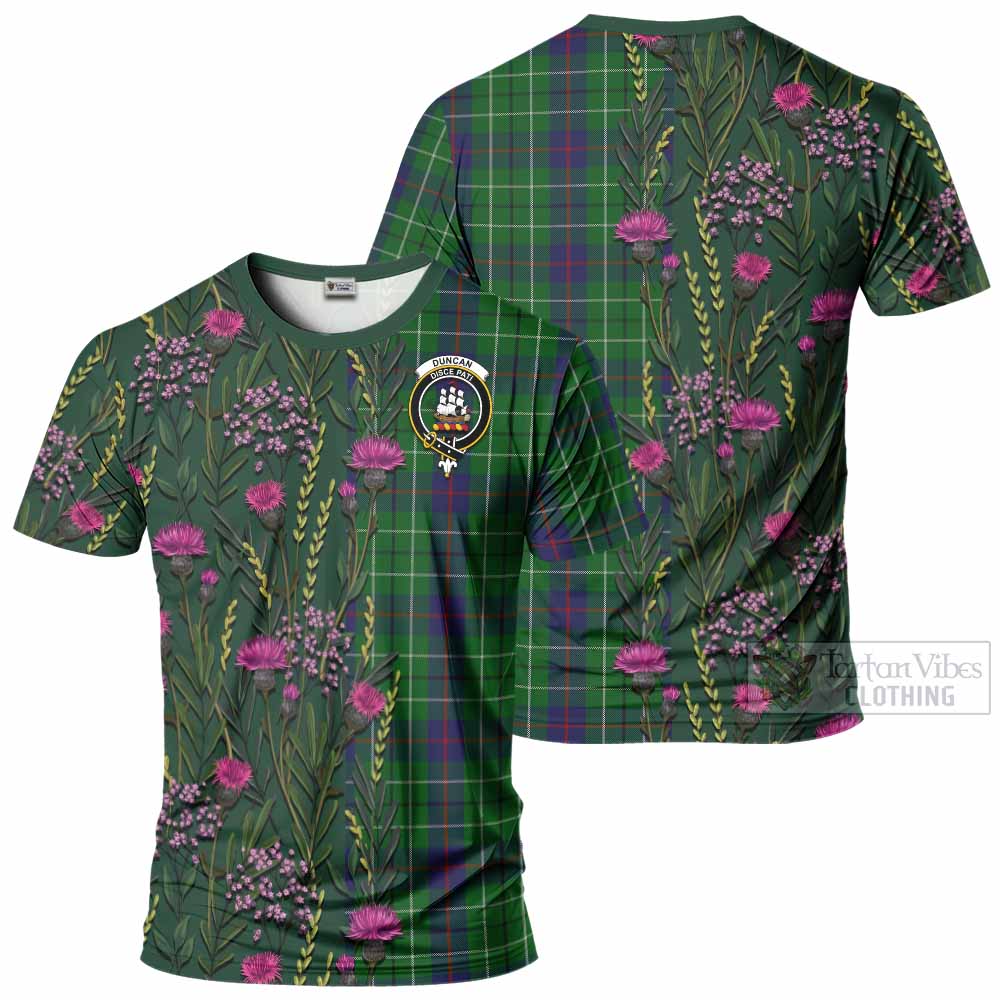 Duncan Family Crest Tartan T-Shirt Scottish Thistle Flower Pattern Half Style - Tartan Vibes Clothing