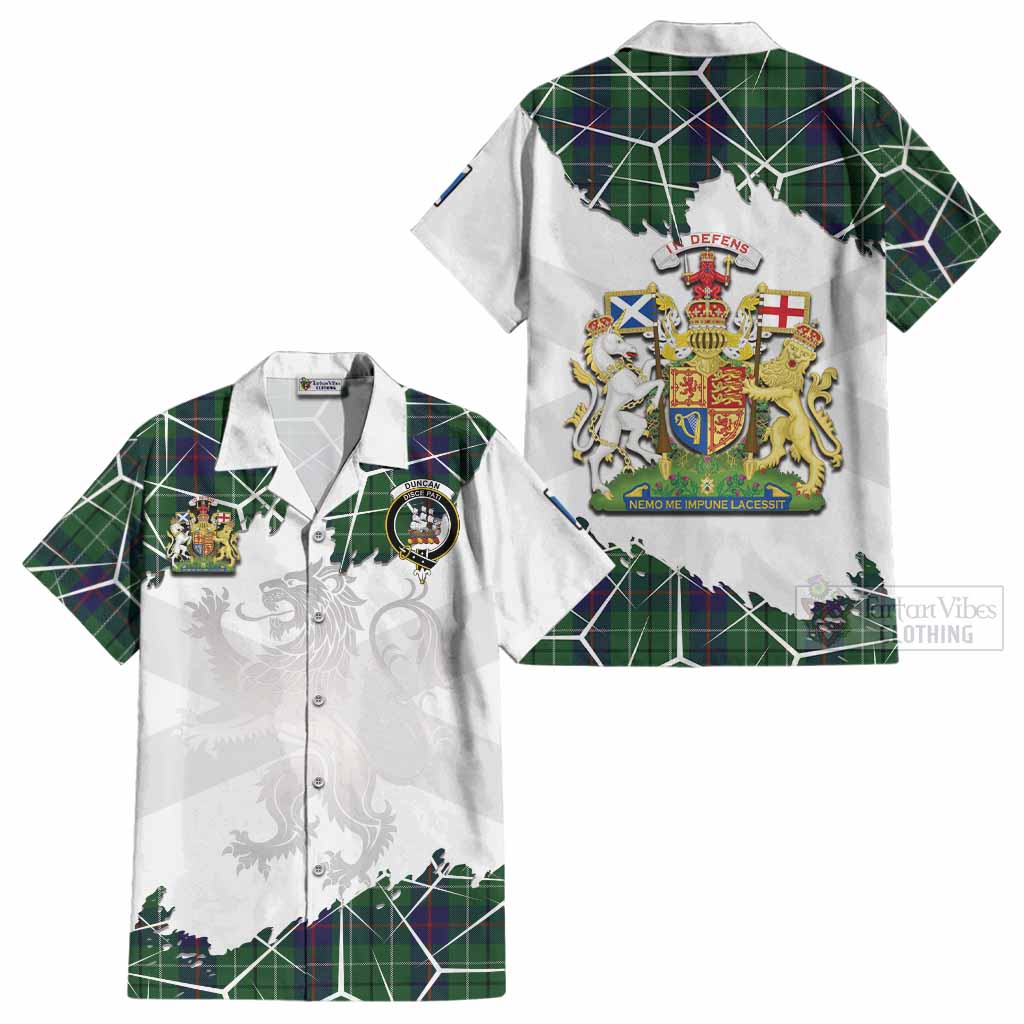 Duncan Tartan Cotton Hawaiian Shirt with Family Crest and Lion Rampant Grunge Style