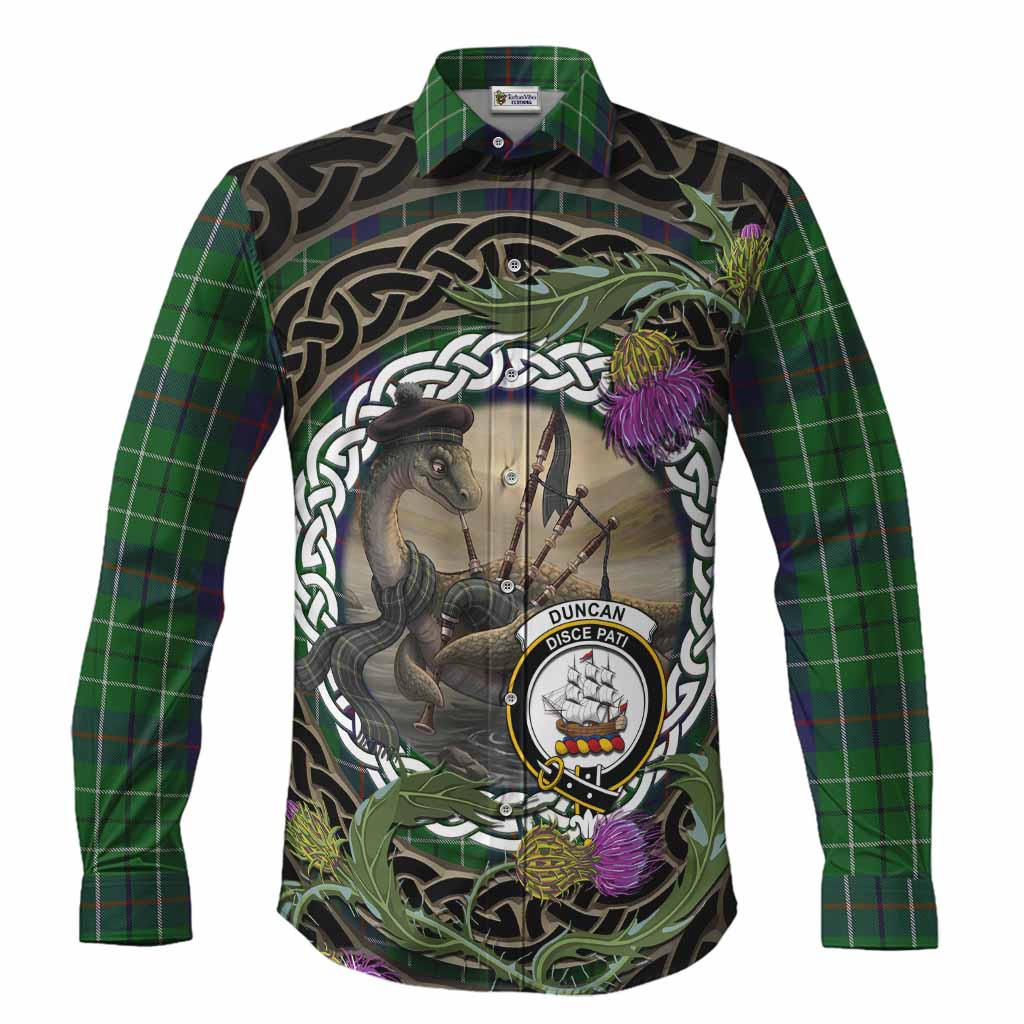 Duncan Tartan Crest Bagpipe Nessie Long Sleeve Button Shirts Scottish Loch Ness Monster Celtic Thistle