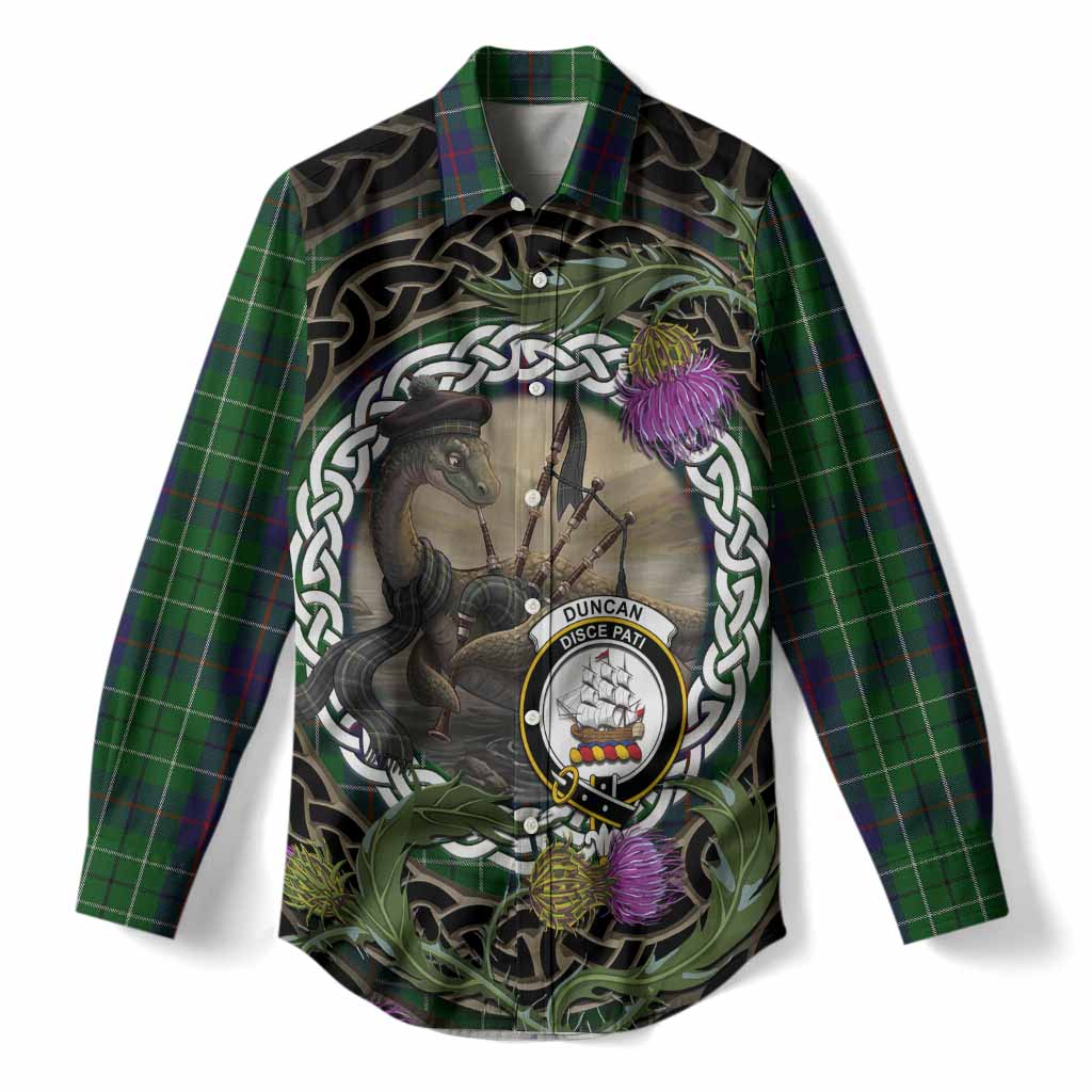 Duncan Tartan Crest Bagpipe Nessie Women Casual Shirt Scottish Loch Ness Monster Celtic Thistle