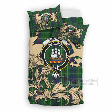 Duncan Tartan Crest Bedding Set with Scottish Iconic Symbols 