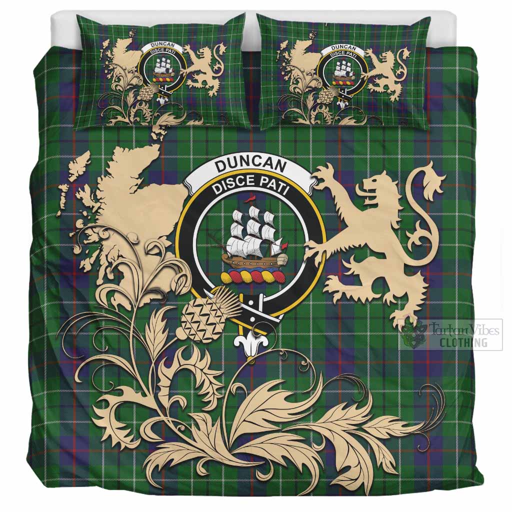 Duncan Tartan Crest Bedding Set with Scottish Iconic Symbols 