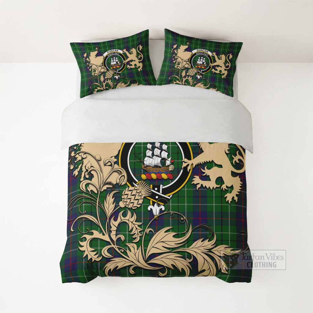 Duncan Tartan Crest Bedding Set with Scottish Iconic Symbols 
