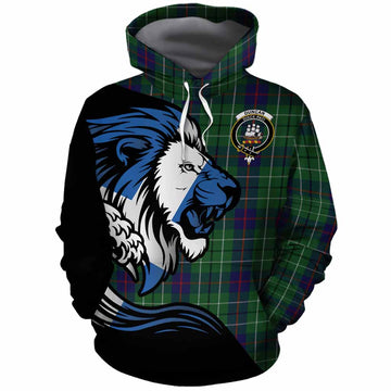 Duncan Tartan Crest Cotton Hoodie Scottish Golden Lions Wave Flow