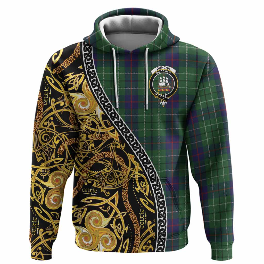 Duncan Tartan Crest Hoodie Celtic Knot and Triple Trickle Spiral Symbols