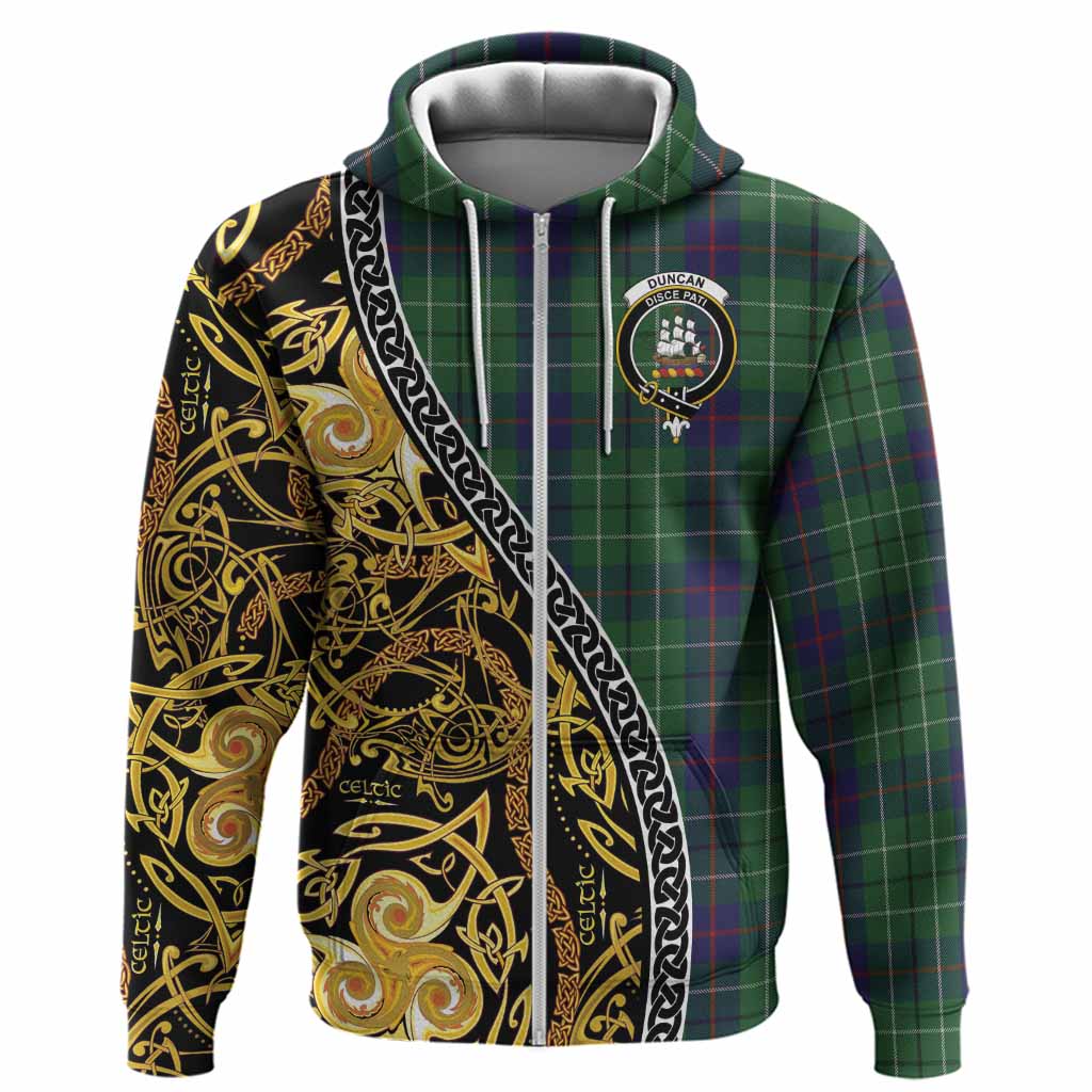 Duncan Tartan Crest Hoodie Celtic Knot and Triple Trickle Spiral Symbols