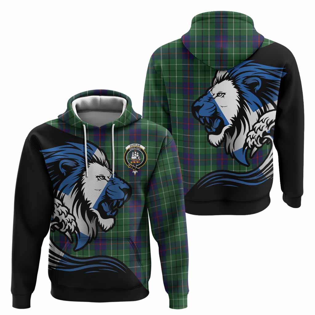 Duncan Tartan Crest Hoodie Scottish Golden Lions Wave Flow