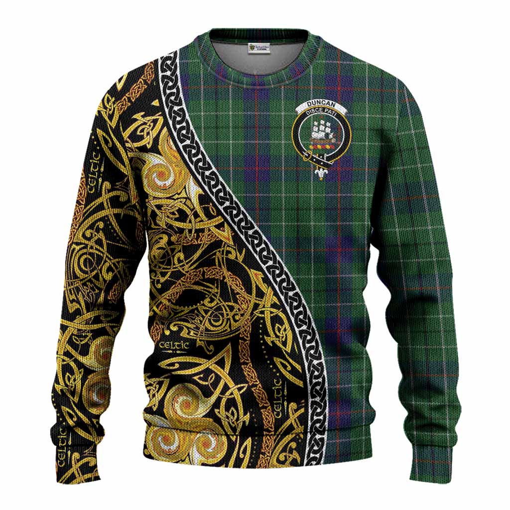 Duncan Tartan Crest Knitted Sweater Celtic Knot and Triple Trickle Spiral Symbols
