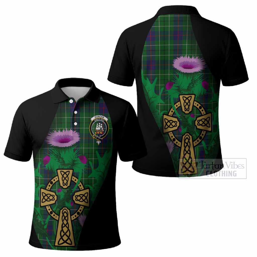 Duncan Tartan Crest Polo Shirt Celtic Cross Thistle Flowers
