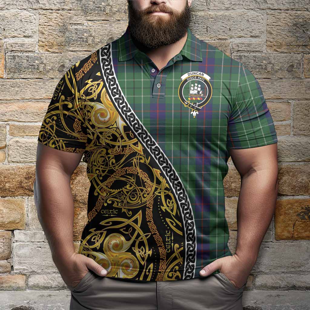 Duncan Tartan Crest Polo Shirt Celtic Knot and Triple Trickle Spiral Symbols