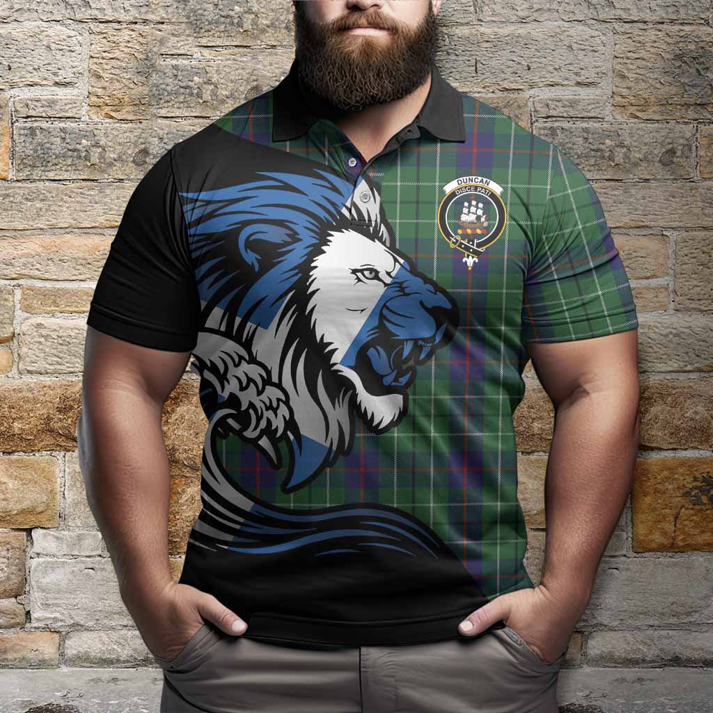 Duncan Tartan Crest Polo Shirt Scottish Golden Lions Wave Flow