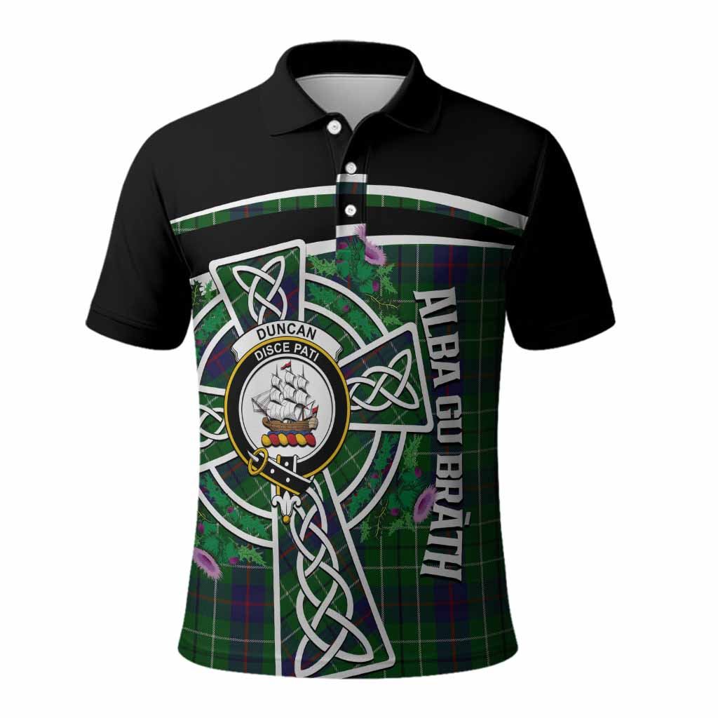 Duncan Tartan Crest Polo Shirt Scottish Thistle Celtic Cross Alba Gu Brath
