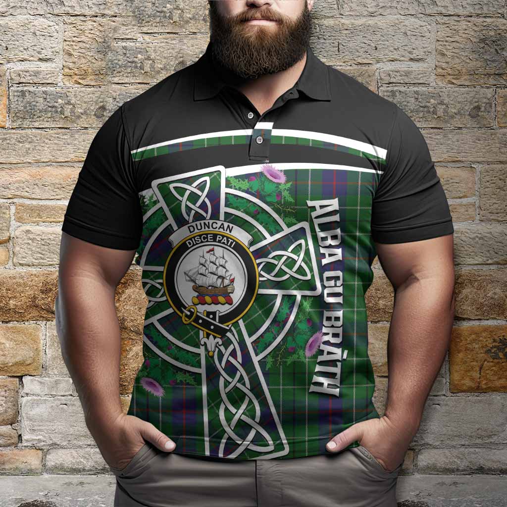 Duncan Tartan Crest Polo Shirt Scottish Thistle Celtic Cross Alba Gu Brath