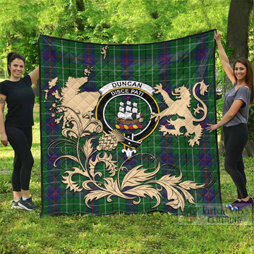 Duncan Tartan Crest Premium Quilt with Scottish Iconic Symbols 