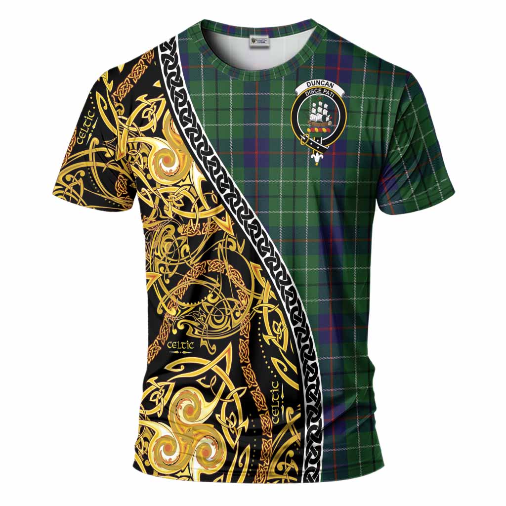 Duncan Tartan Crest T-Shirt Celtic Knot and Triple Trickle Spiral Symbols