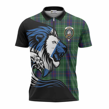 Duncan Tartan Crest Zipper Polo Shirt Scottish Golden Lions Wave Flow