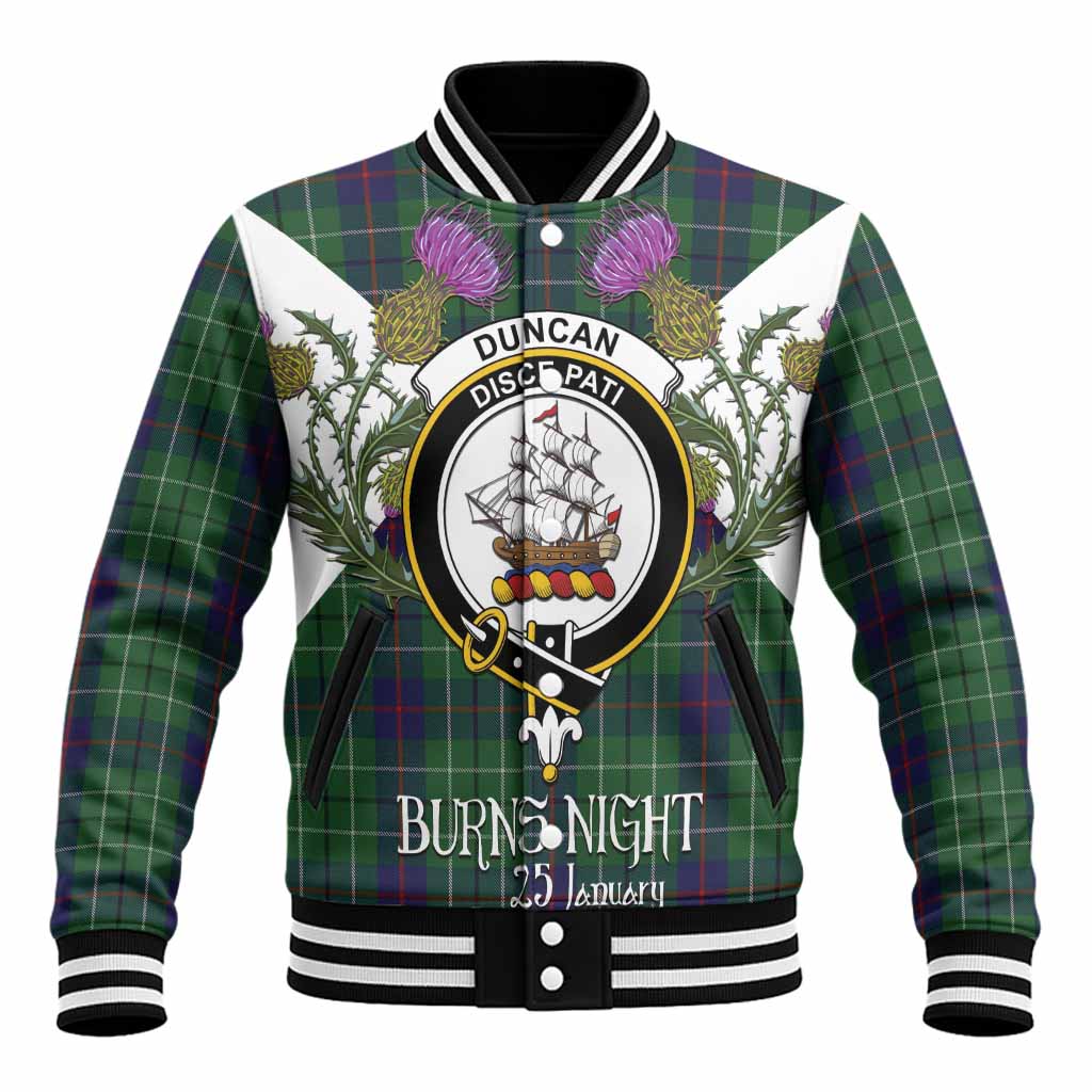 Duncan Tartan Family Crest Baseball Jacket Scottish Burns Night Thistle Floral