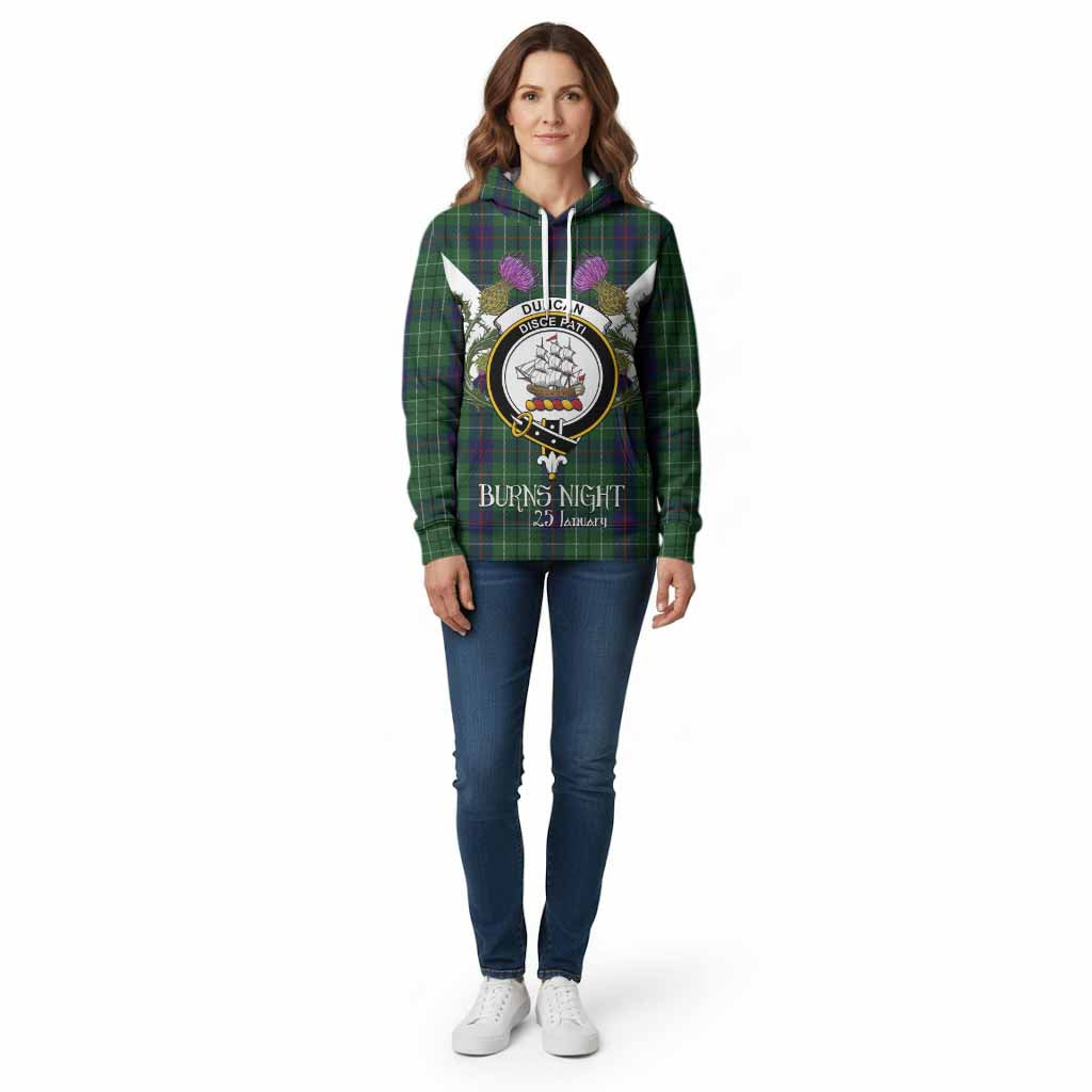 Duncan Tartan Family Crest Cotton Hoodie Scottish Burns Night Thistle Floral