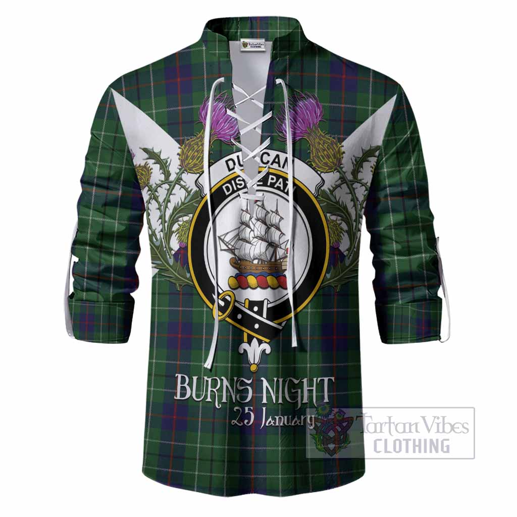 Duncan Tartan Family Crest Ghillie Shirt Scottish Burns Night Thistle Floral
