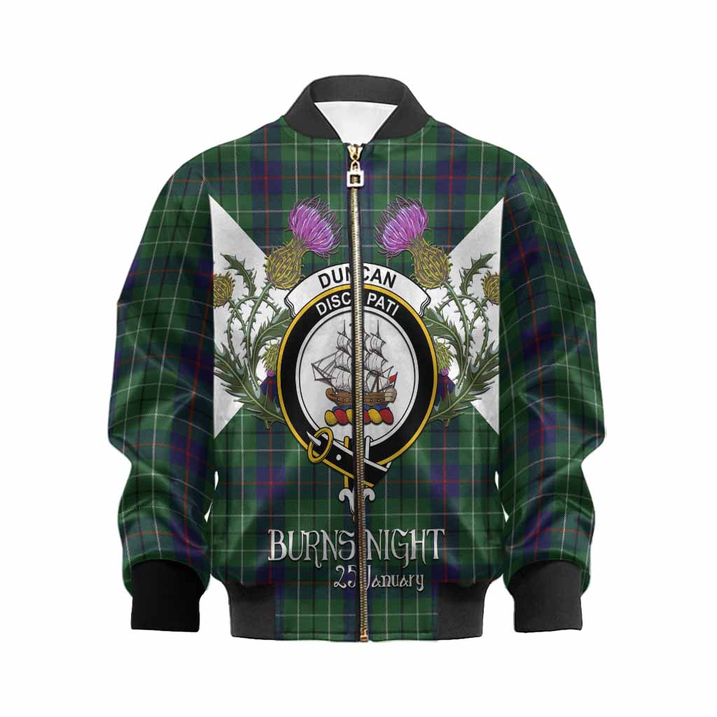 Duncan Tartan Family Crest Kid Bomber Jacket Scottish Burns Night Thistle Floral