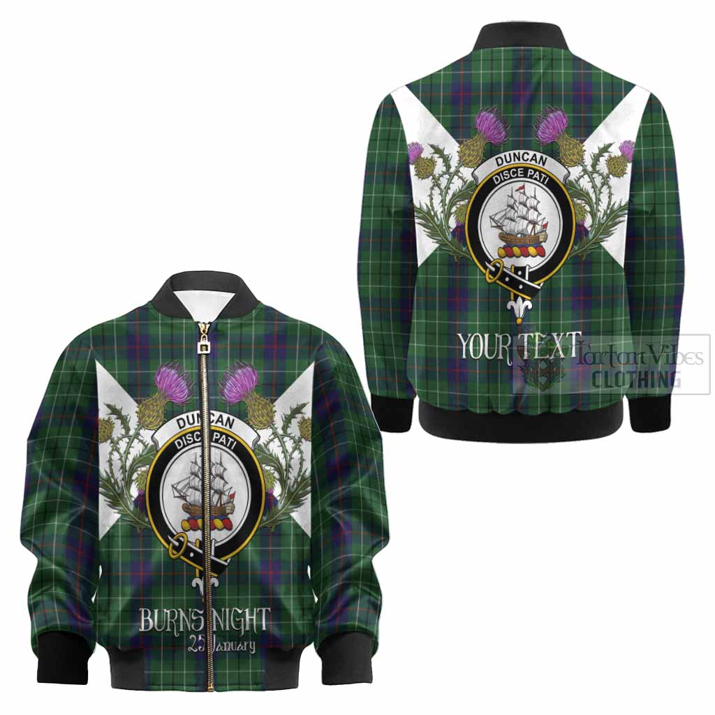 Duncan Tartan Family Crest Kid Bomber Jacket Scottish Burns Night Thistle Floral