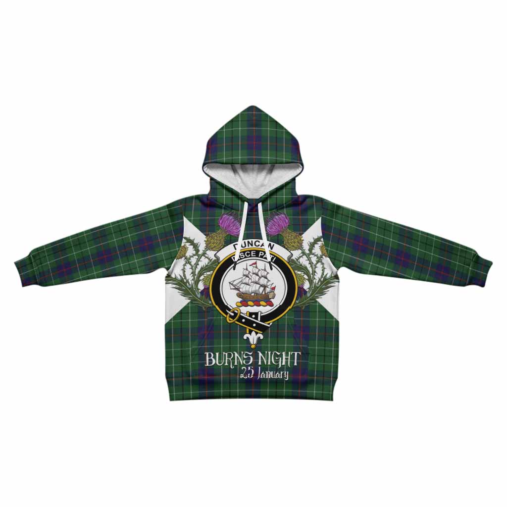 Duncan Tartan Family Crest Kid Hoodie Scottish Burns Night Thistle Floral