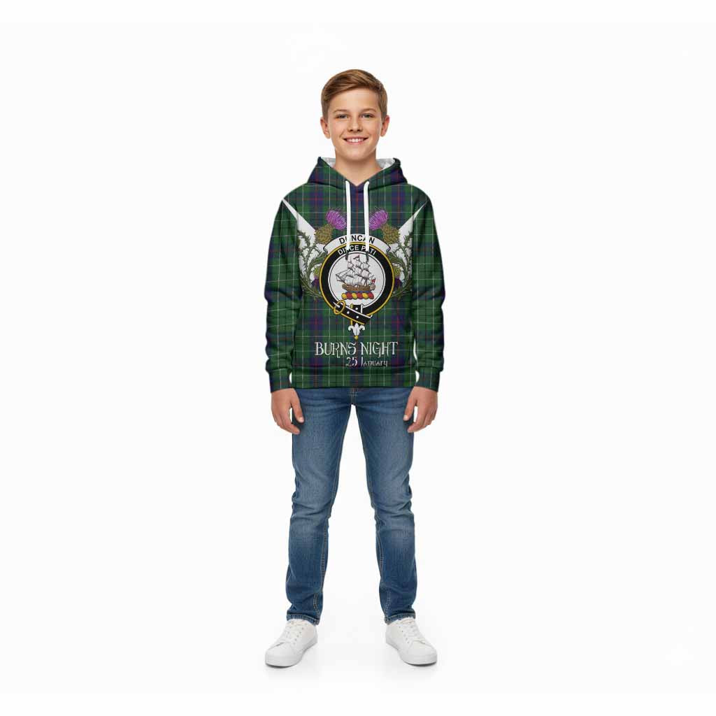 Duncan Tartan Family Crest Kid Hoodie Scottish Burns Night Thistle Floral