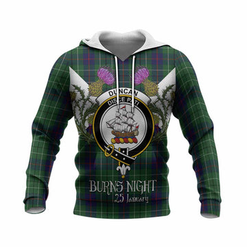 Duncan Tartan Family Crest Knitted Hoodie Scottish Burns Night Thistle Floral