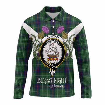 Duncan Tartan Family Crest Long Sleeve Polo Shirt Scottish Burns Night Thistle Floral