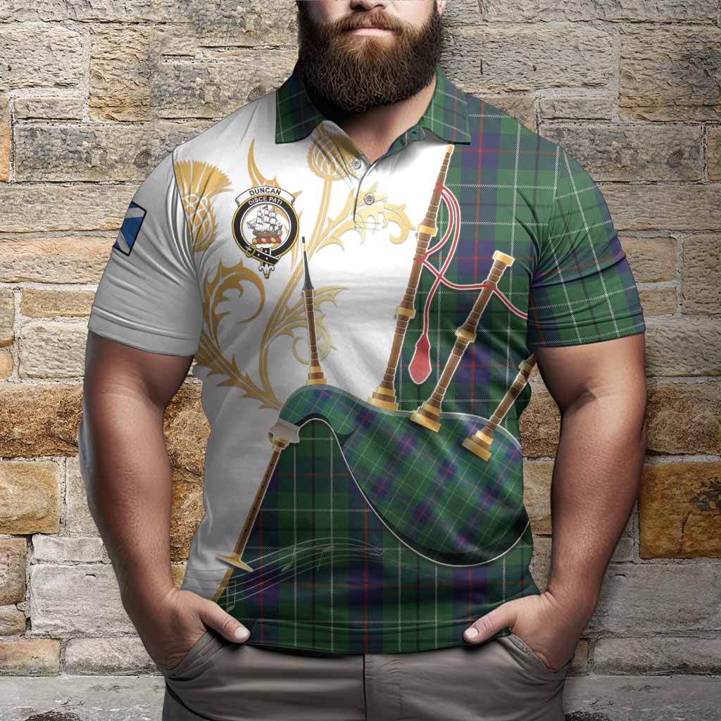 Duncan Tartan Family Crest Polo Shirt Bagpipes with Scottish Thistle
