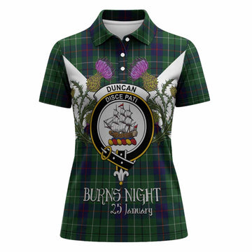 Duncan Tartan Family Crest Women Polo Shirt Scottish Burns Night Thistle Floral
