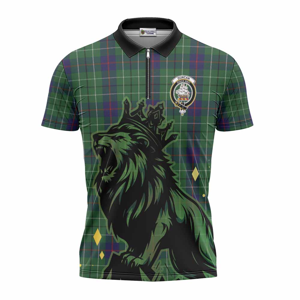 Duncan Tartan Family Crest Zipper Polo Shirt Crowned Lion Roaring