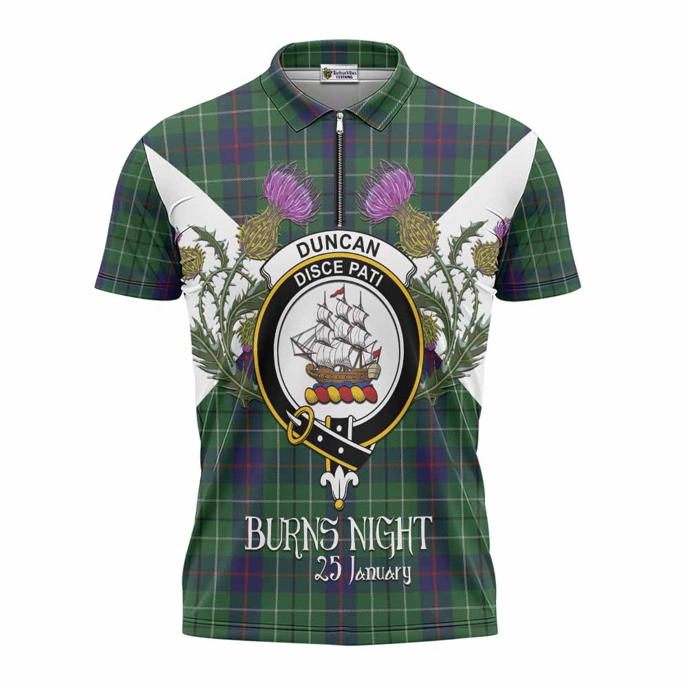 Duncan Tartan Family Crest Zipper Polo Shirt Scottish Burns Night Thistle Floral