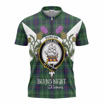 Duncan Tartan Family Crest Zipper Polo Shirt Scottish Burns Night Thistle Floral