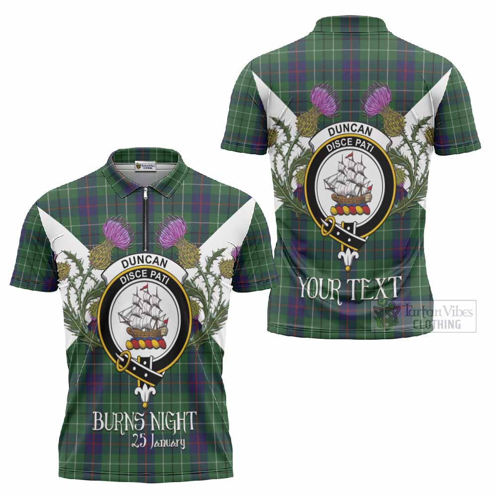 Duncan Tartan Family Crest Zipper Polo Shirt Scottish Burns Night Thistle Floral